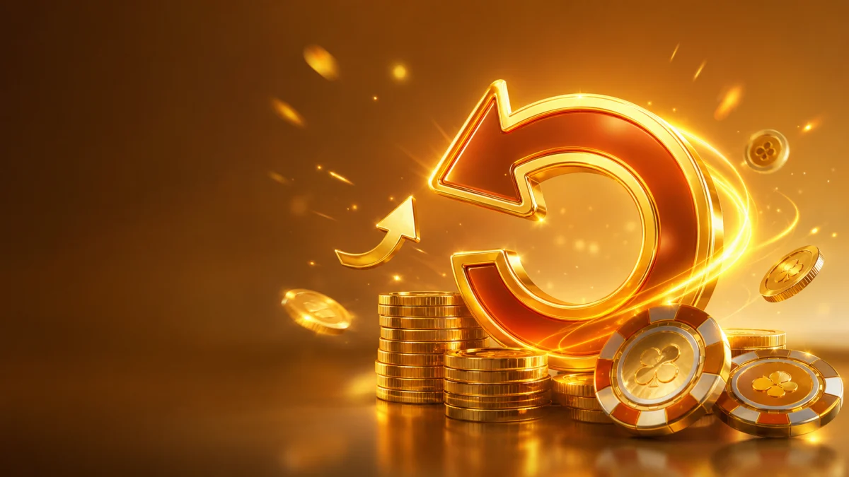 Cashback de cassino com moedas, fichas e setas de retorno